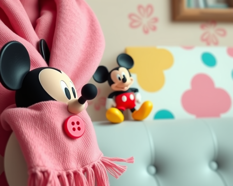 scarf, button, couch, mickey mouse, pink